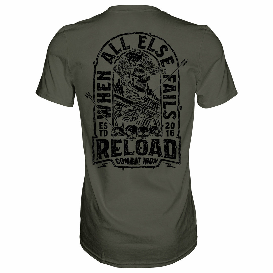 Men’s t-shirt with the words “When all else fails, reload” with a skull on the front  #color_military-green