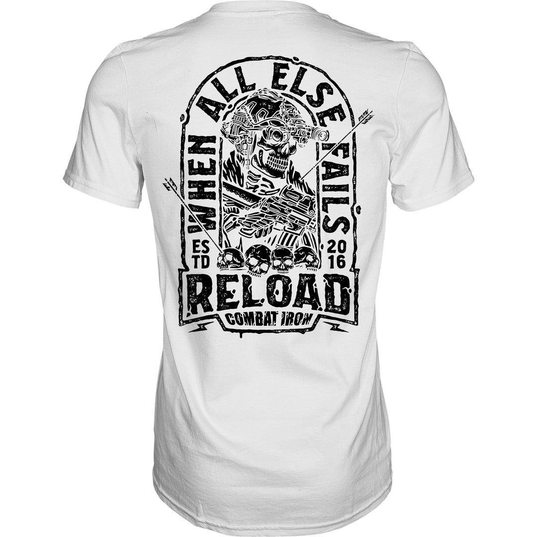 Men’s white t-shirt with the words “When all else fails, reload” with a skull on the front #color_white #color_white